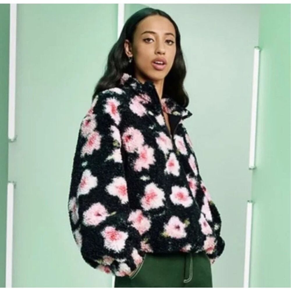Sandy LiangxTarget Floral Print Sherpa Teddy Jacket Pink/Black 1/4 Zip lined SzL